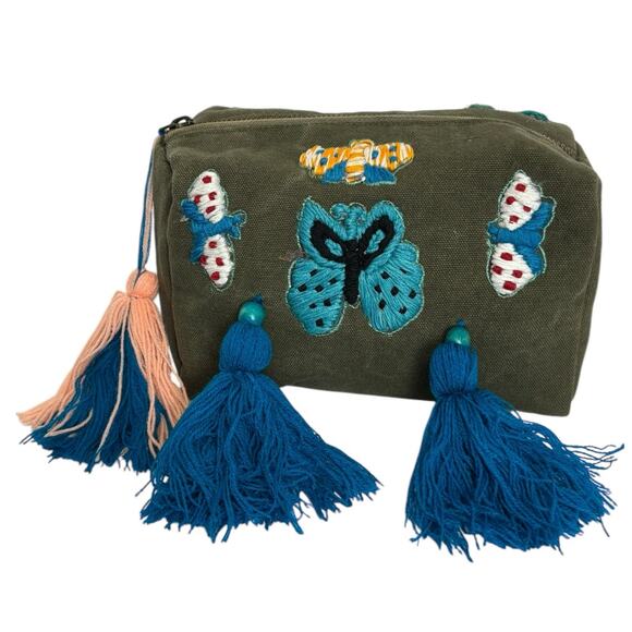 Raj LA Dark Sage Green Canvas Embroidered Tasseled Butterfly Cosmetic Bag NEW - Picture 2 of 6